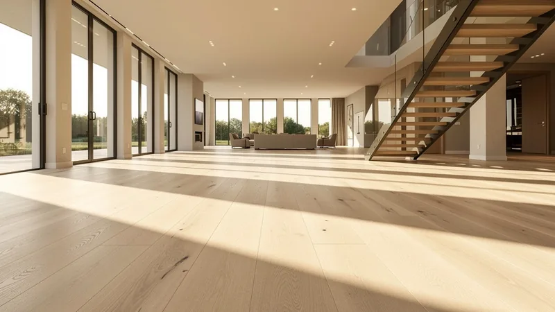 Wide-plank white oak hardwood flooring installed in a custom Leawood, KS home