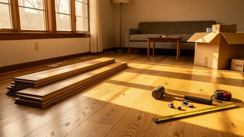 Hardwood flooring installer fitting solid oak boards in an Overland Park, KS home