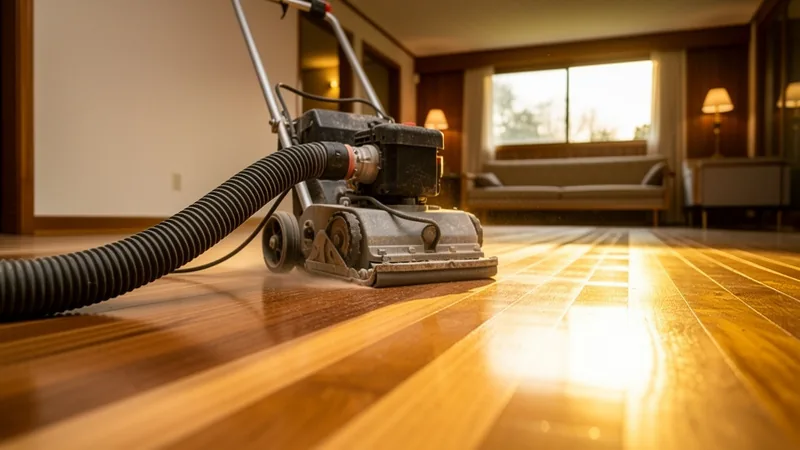 Hardwood floor sanding equipment mid-refinish in a mid-century Shawnee, KS home
